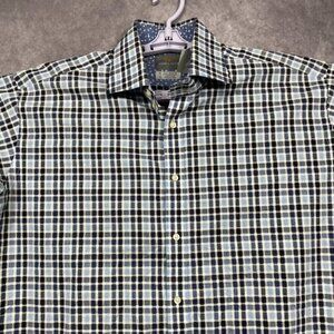 Thomas Dean Button Shirt Mens XL Blue Plaid Long Sleeve Floral Cuffs Casual